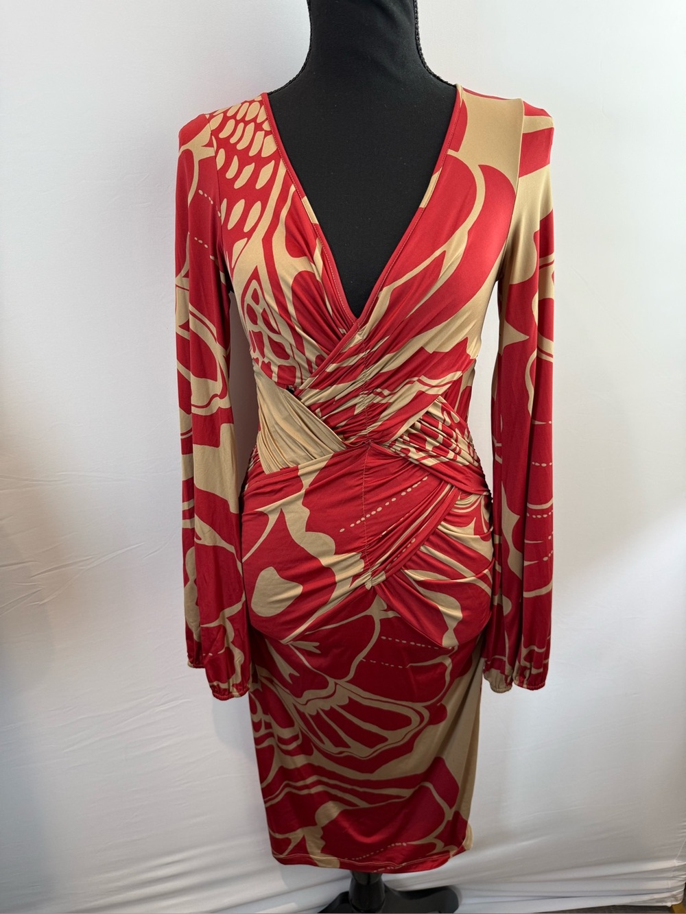 Marciano Red and Tan Printed Ruched Wrap-Front Long Sleeve Dress